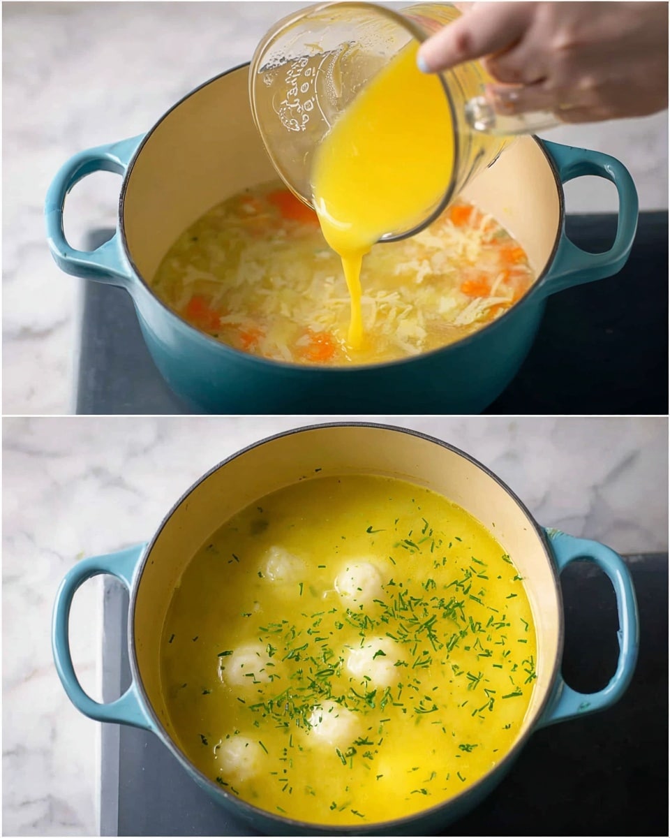 A light blue pot with two handles is shown on a dark surface. Inside the pot, there is a yellow soup with visible small pieces of white and orange ingredients in the first image, where a woman's hand is pouring a thick yellow liquid from a clear measuring cup into the pot. In the second image, the soup surface is smooth yellow with small white round dumplings, sprinkled with chopped green herbs, floating evenly on top. The background is a white marbled texture. Photo taken with an iphone --ar 4:5 --v 7