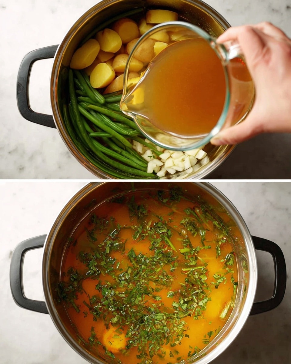 The top image shows a close-up of a shiny metal pot on a white marbled surface, filled with a layer of cut light yellow potatoes and green beans at the bottom, next to small pale chopped pieces of onions scattered around. Above this, a woman's hand is pouring a clear golden-brown broth from a clear glass measuring cup into the pot. The bottom image shows the pot now filled with an orange-colored soup, topped with chopped green herbs scattered evenly across the surface. Photo taken with an iphone --ar 4:5 --v 7