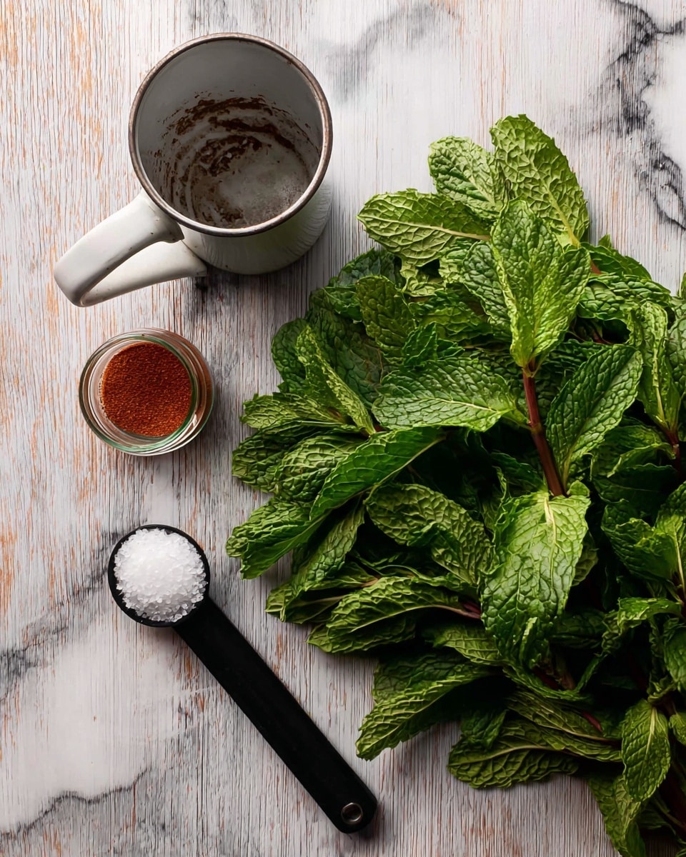 A bundle of fresh green mint leaves with textured surfaces and stems fills the right side of the image on a white marbled surface. To the left, there is a white metal cup with a handle, showing a smudged interior. Below the mint and cup, a small clear container holds a reddish-brown spice, and next to it is a black measuring spoon filled with white granulated salt. The wood grain design of the background is replaced with a white marbled texture. photo taken with an iphone --ar 4:5 --v 7