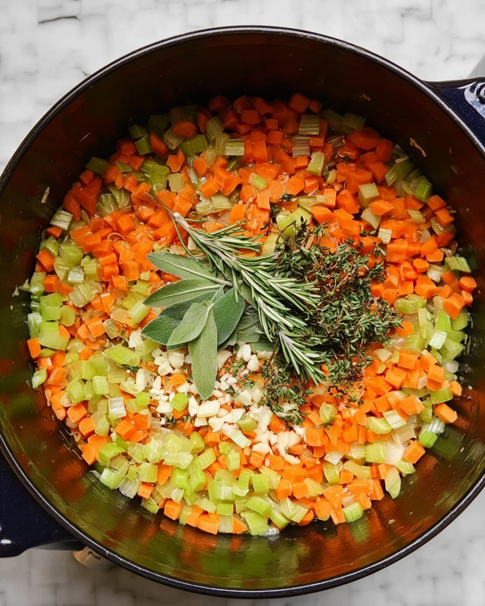 A black pot filled with a mix of small, diced bright orange carrots, light green celery, and soft, translucent onions spread evenly inside. On top near the center, there are fresh green herbs including rosemary and sage, along with small chopped pieces of white garlic. The pot sits on a white marbled surface. photo taken with an iphone --ar 4:5 --v 7