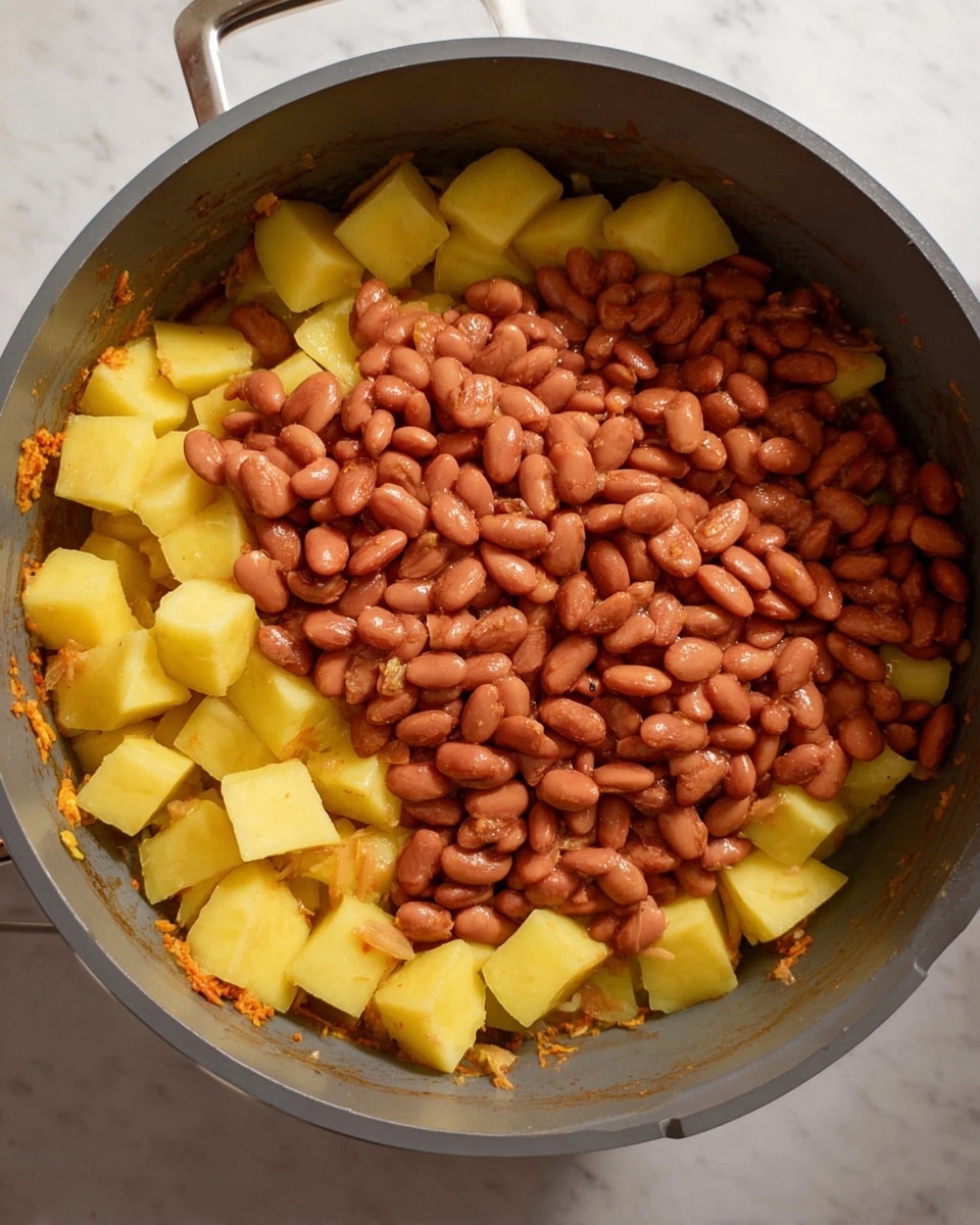 Inside a large gray cooking pot, there are two layers of food. The bottom layer shows yellow potato pieces that are evenly spread and cubed with smooth edges. On top of the potatoes, a thick layer of reddish-brown cooked beans covers most of the pot's surface, with some beans overlapping the potato edges. The pot’s sides have small bits of cooked onions and orange seasoning stuck to them. The pot is placed on a white marbled surface. photo taken with an iphone --ar 4:5 --v 7