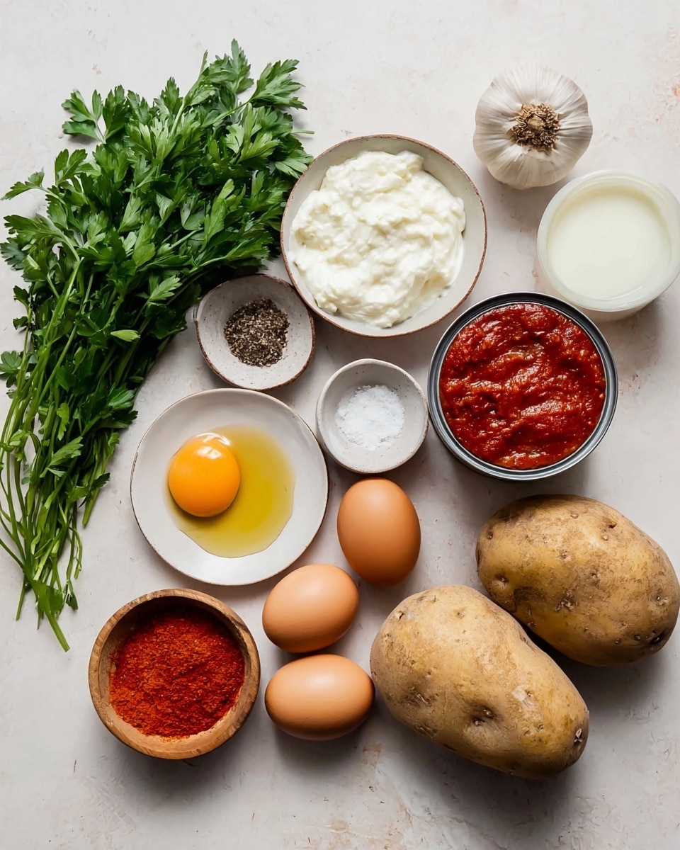 The image shows a clean white marbled surface with fresh ingredients neatly arranged. There are two large light brown potatoes on the right side with rough skin texture. Next to them are two small white bowls, one filled with creamy white yogurt, and the other with a small amount of light yellow liquid. Below is a wooden small bowl filled with bright red paprika powder. There is a small beige bowl with minced garlic beside it. Nearby, a small white plate holds black pepper and salt. Four brown eggs are placed in the center above a can of chunky red tomato sauce next to a small white bowl of golden olive oil. On the left side, a bunch of fresh dark green parsley leaves sits above half of a peeled white onion. The whole setup looks fresh, colorful, and ready for cooking photo taken with an iphone --ar 4:5 --v 7