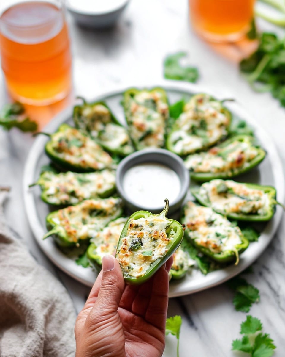 A woman's hand is holding a single green pepper half filled with a white creamy mixture, with hints of melted light brown on top and some green herbs inside. Below, a white plate holds many more pepper halves arranged in a circular pattern, each filled with the same creamy mixture showing melted light brown spots and sprinkled green herbs. The plate sits on a white marbled surface, decorated with fresh cilantro leaves. In the background, there are two blurred orange drinks and a small gray bowl of white creamy sauce. Photo taken with an iphone --ar 4:5 --v 7