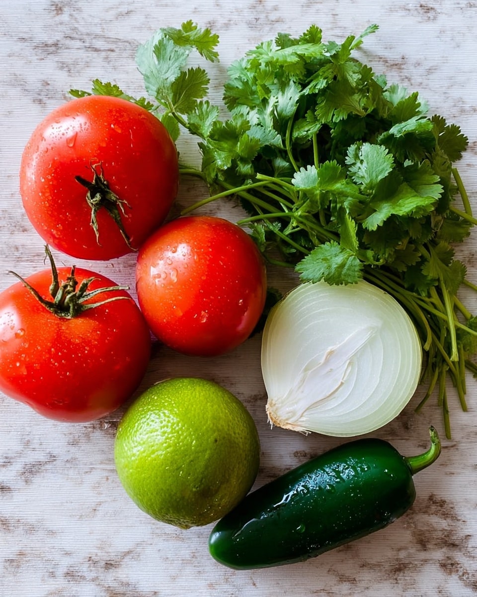 The image shows five bright red tomatoes on the vine positioned on the left side, with smooth shiny skins. To their right, there is a half white onion showing soft, concentric rings and pale texture. Above the onion is a bunch of fresh green cilantro leaves, lush and dense with detailed leaf edges. Next to the onion on the right is a dark green jalapeño pepper, smooth and slightly shiny with water droplets visible. Below the jalapeño, there is a whole lime with a bumpy bright green-yellow skin. All items rest on a white marbled textured surface. photo taken with an iphone --ar 4:5 --v 7