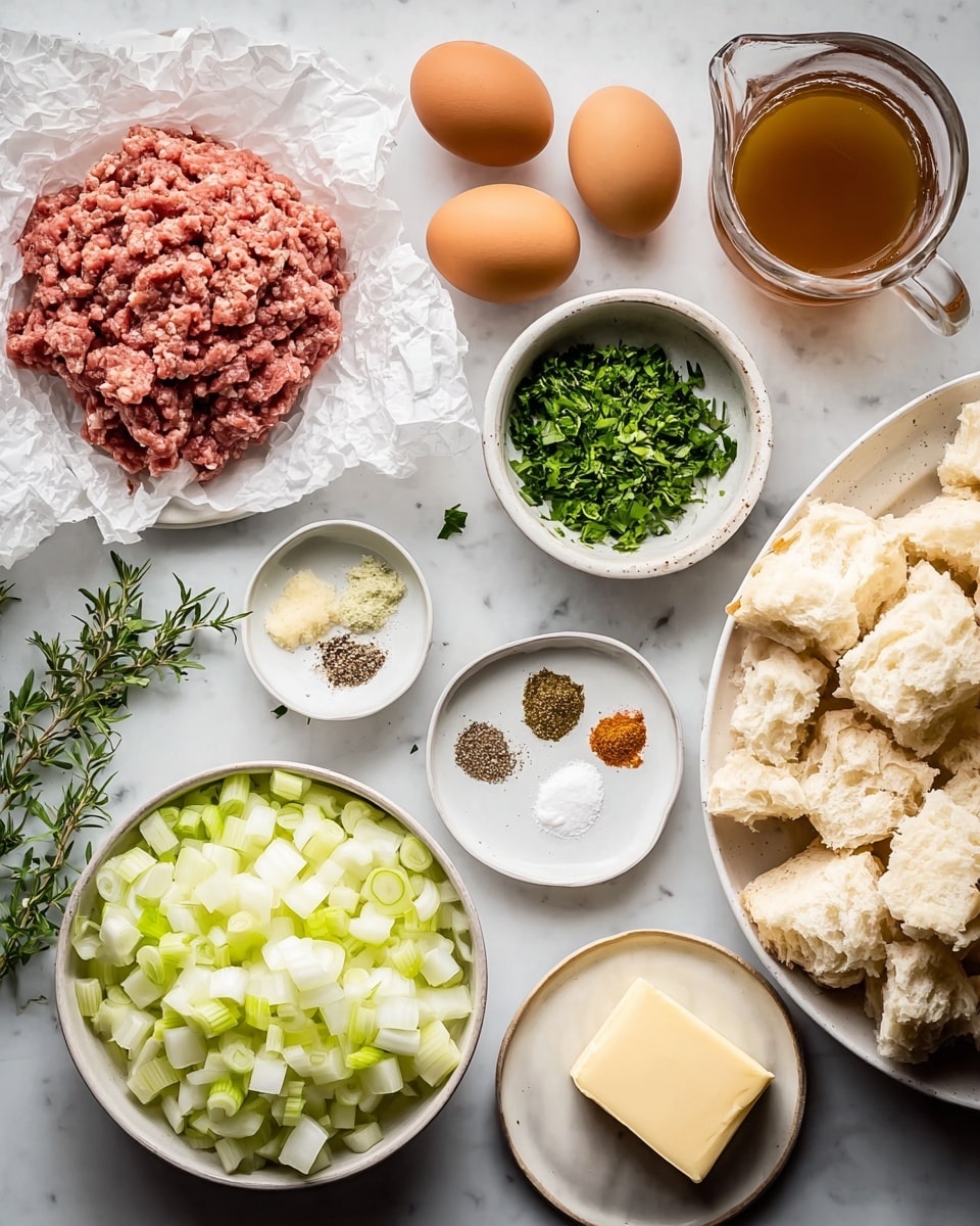 The image shows various ingredients on a white marbled surface. On the top left, there is a round pile of ground meat placed on white crumpled parchment paper. To its right are two brown eggs, below which is a small round white bowl with chopped green herbs. Below the herbs is a small white plate with different spices arranged in three small piles next to salt and pepper. To the far right, there is a clear glass pitcher with brown liquid. Centered on the right side, a white bowl holds torn pieces of white bread. At the bottom, a white bowl contains chopped celery pieces with a light green color. To the bottom left, there is a white bowl filled with diced white onions. Near the center bottom, a white plate holds a stick of light yellow butter, and next to it are green herb sprigs. The colors are mostly natural and fresh with a focus on white bowls and plates against the white marbled surface. photo taken with an iphone --ar 4:5 --v 7