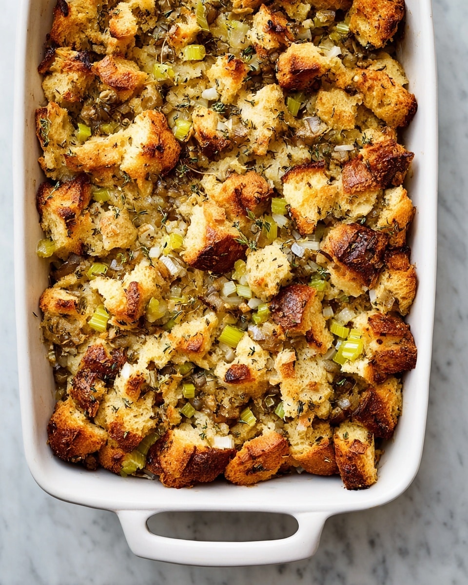 A white rectangular baking dish filled with a golden-brown baked stuffing, showing a rough top layer of torn bread pieces mixed with small bits of cooked celery and onions. The bread pieces have a crunchy, toasted texture with darker brown spots, and the vegetables add green and translucent white colors scattered all over. The stuffing looks moist inside with visible herbs and seasonings mixed throughout, giving it a rustic, homemade feel. The dish rests on a white marbled surface photo taken with an iphone --ar 4:5 --v 7