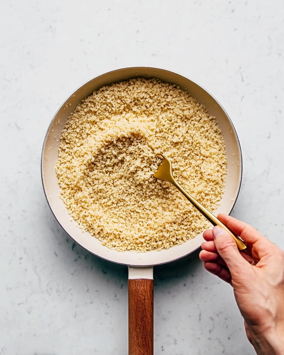 In this image, there is a single round white pan with a wooden handle placed on a white marbled surface. Inside the pan, a light yellow grain dish fills the whole pan. A woman's hand is holding a golden fork in the pan, stirring or fluffing the grains in the center. The grains have a soft, slightly clumped texture with small pieces visible throughout. The photo is clear and brightly lit, showing fine detail in the grains and pan. photo taken with an iphone --ar 4:5 --v 7