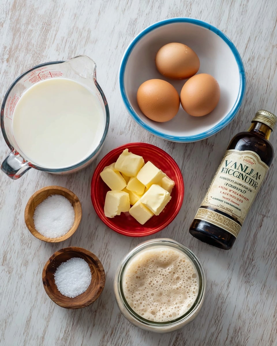 The image shows baking ingredients arranged on a white marbled surface. There is a clear glass measuring cup with white milk on the top left, a white bowl with a blue rim holding three brown eggs below it. To the right, there is a small clear bowl with four chunks of pale yellow butter, next to a glass jar filled three-quarters with bubbly, beige sourdough starter. Near the center, a small red bowl contains white granulated sugar, and above it, a small wooden bowl holds some white salt. Near the red bowl and butter jar, there is a brown glass bottle labeled