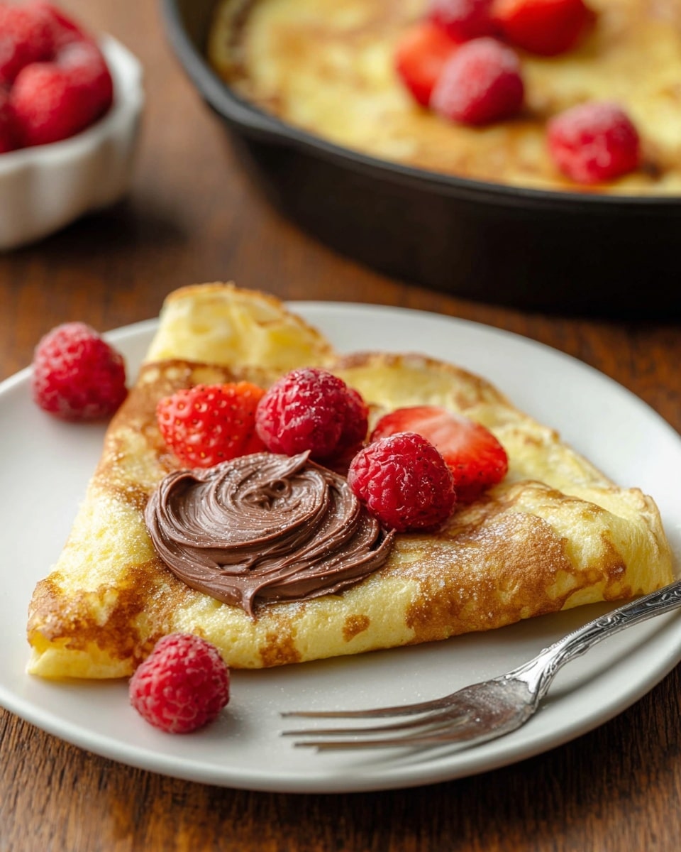 A white plate holds a single golden-brown pancake folded into a triangle with a soft, slightly fluffy texture. On top of the pancake, there is a thick swirl of glossy chocolate spread in the center, surrounded by fresh red raspberries and two strawberry halves placed next to each other near the chocolate. The plate rests on a wooden surface, and a silver fork is placed diagonally at the bottom right edge of the plate. In the background, a black skillet with more pancakes and strawberries can be seen. Photo taken with an iphone --ar 4:5 --v 7