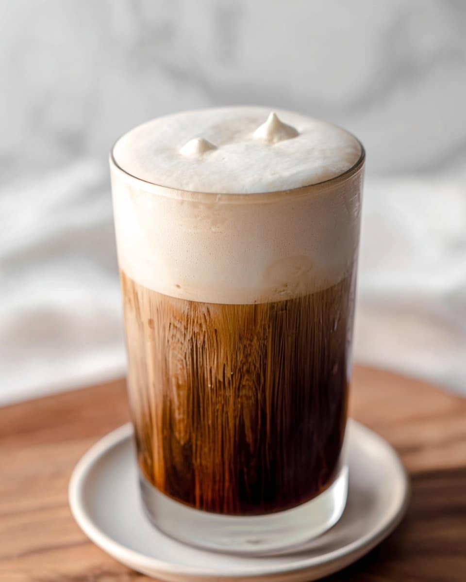 The image shows a close-up of a tall glass filled with a layered drink. The bottom layer is a rich dark brown color with vertical wood-like streaks running down the glass, giving a textured appearance. Above the dark layer, there is a thick, creamy light beige foam layer that sits smoothly on top, with two small dollops visible near the center. The glass is placed on a white saucer, and the whole setup rests on a wooden surface, set against a blurred white marbled background. Photo taken with an iphone --ar 4:5 --v 7