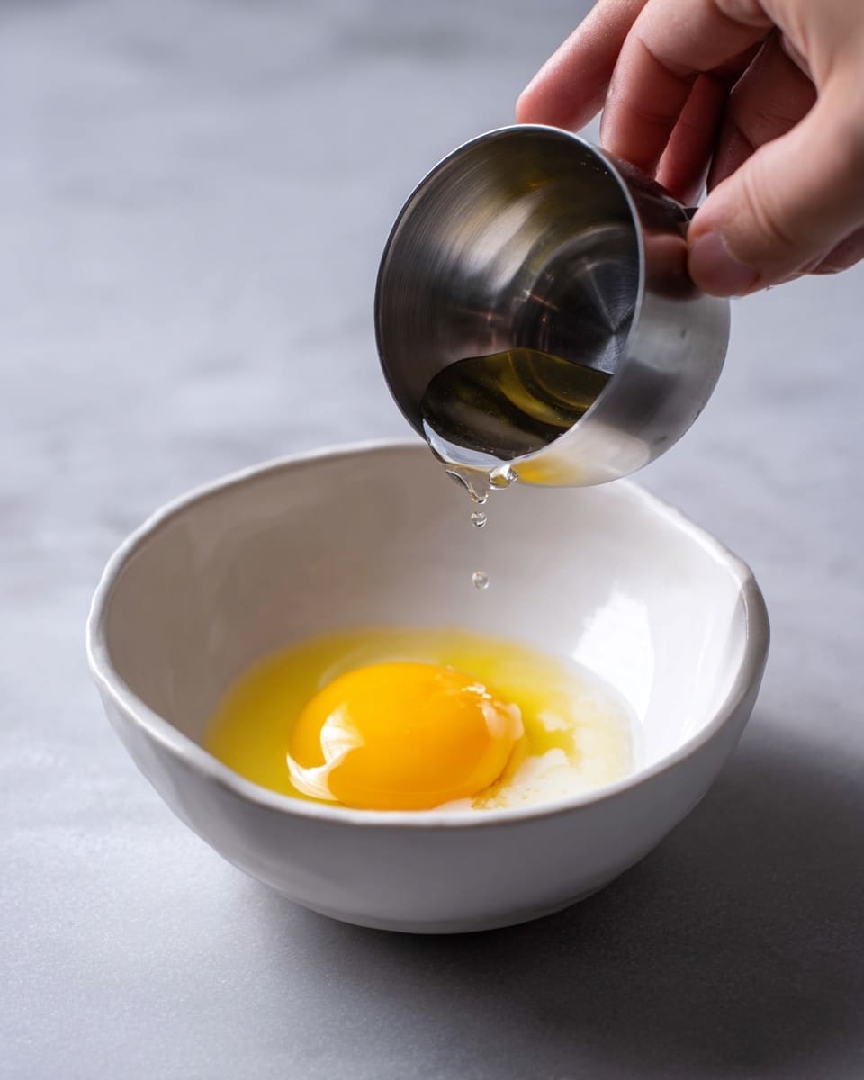 A close-up image shows a woman's hand holding a small silver metal cup, pouring a clear liquid drop by drop into a white bowl with a raw egg inside. The egg is whole, with a bright yellow yolk in the center, surrounded by translucent egg white. The bowl sits on a smooth white marbled surface. The lighting highlights the glossy texture of both the egg yolk and the metal cup. photo taken with an iphone --ar 4:5 --v 7