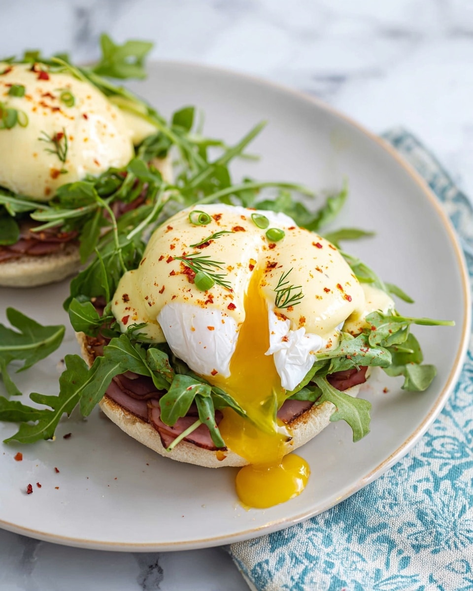 A white plate with two English muffin halves, each topped with a layer of browned ham, a layer of fresh green arugula leaves, a poached egg with a smooth white exterior and bright yellow yolk oozing out, all covered by a creamy pale yellow hollandaise sauce sprinkled with light orange paprika and small green dill leaves. The plate rests on a white marbled surface with a light blue patterned cloth partly visible. photo taken with an iphone --ar 4:5 --v 7