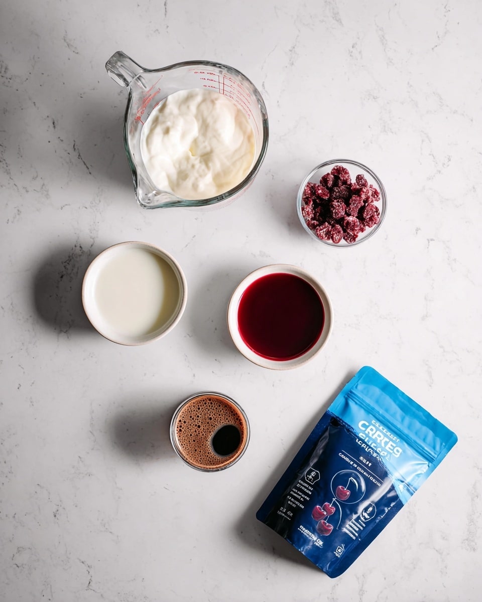 The image shows five small dishes and a blue pouch of freeze-dried tart cherries on a white marbled surface. At the top left is a clear glass measuring cup filled with white cream. Below it, two white bowls each hold a creamy white liquid. To the right of the bowls is another white bowl filled with a dark red liquid. In the center, a small glass contains a dark brown foamy liquid. The blue pouch with cherry graphics and white text is placed at the bottom right. Photo taken with an iphone --ar 4:5 --v 7
