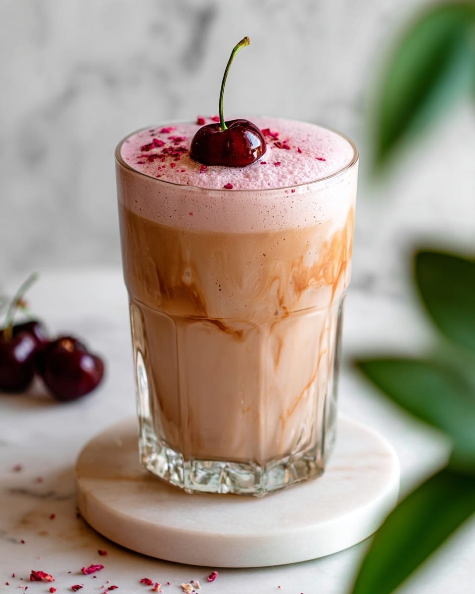 A clear glass filled with a creamy light brown drink that has visible swirls of cream running down the sides. The drink is topped with a thick layer of light pink foam, sprinkled with small red crumbs. On top of the foam sits a shiny dark red cherry with a long stem. The glass is placed on a round white marble coaster, set on a white marbled surface. There are green leaves blurred in the foreground on the right side. Photo taken with an iphone --ar 4:5 --v 7