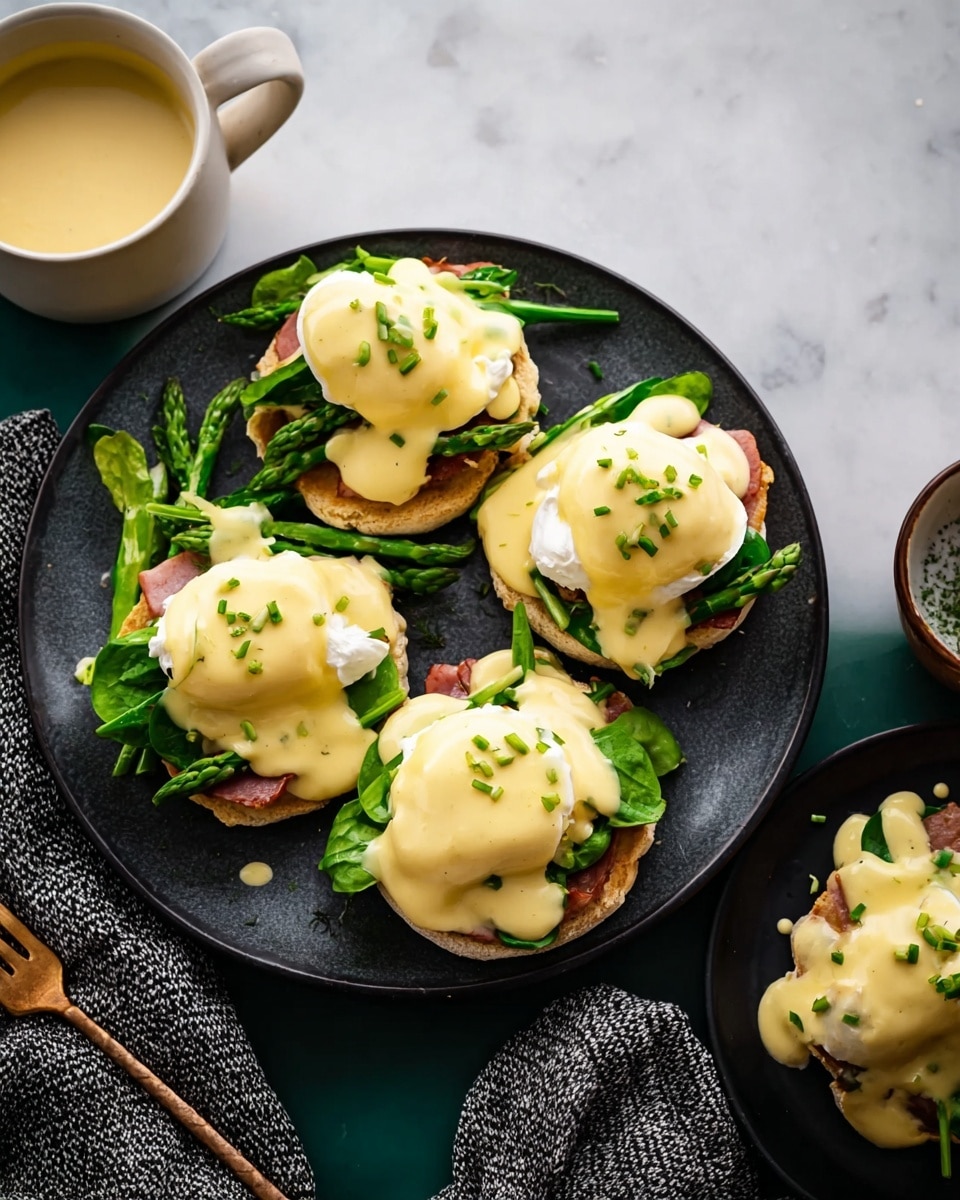 A dark round plate holds five servings of eggs Benedict, each stacked with a white English muffin base, a layer of ham or bacon with a slightly browned texture, a bed of fresh green spinach or asparagus spears, topped with a soft white poached egg covered in smooth, light yellow hollandaise sauce, sprinkled with small green chopped chives. To the side, a white bowl filled with extra hollandaise sauce sits on a white marbled surface. A dark plate with one serving and a woman's hand holding a fork wrapped in a textured gray cloth are partially visible. Photo taken with an iphone --ar 4:5 --v 7