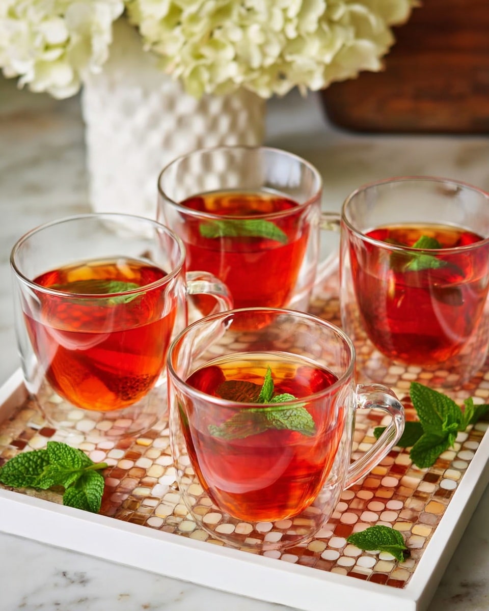 The image shows four clear glass cups filled with bright reddish-orange tea, each cup garnished with a small green mint leaf floating on top. The cups are placed on a square white tray with a mosaic pattern in warm beige and brown tones. Around the cups, there are a few fresh mint leaves scattered on the tray. In the background, there is a white vase with off-white hydrangea flowers resting on a white marbled surface. photo taken with an iphone --ar 4:5 --v 7