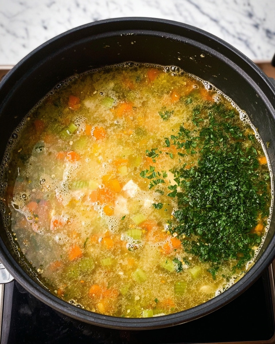 The image shows a black pot filled with a clear broth soup that has visible diced orange carrots and light green celery pieces floating throughout the light yellow soup base. On the right side of the soup surface, there is a pile of finely chopped dark green leafy herbs sitting on top, adding a fresh touch. The soup has small bubbles and a slightly oily sheen, giving it a warm and simmering look. The pot rests on a black stovetop, and the background is a white marbled texture. photo taken with an iphone --ar 4:5 --v 7