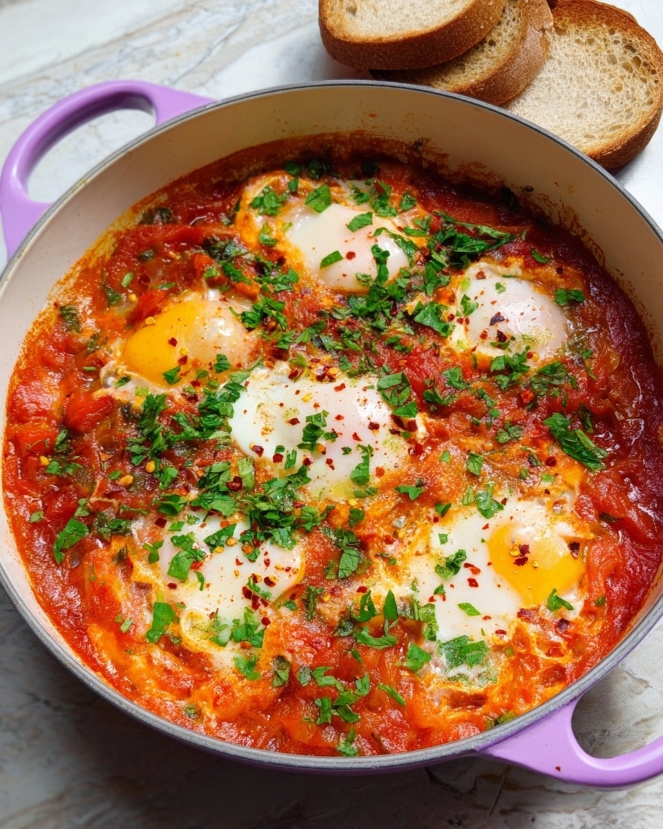 The image shows a deep white pan with purple handles filled with a dish of five eggs cooked in a thick, bright red tomato sauce. The sauce layer is richly textured with visible tomato chunks, and the eggs are slightly set with white edges and runny yellow yolks in the center. Scattered over the top are fresh, green chopped herbs that add a fresh pop of color, along with small red pepper flakes. In the background, two slices of light brown toasted bread rest on a white marbled surface. The photo taken with an iphone --ar 4:5 --v 7