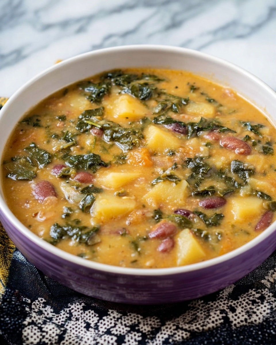 A bowl of thick soup fills a white bowl with a purple rim, showing three main layers of colors and textures: soft yellow potato chunks, small dark green leafy pieces, and reddish-brown beans, all mixed in a creamy, light brown broth that looks smooth and slightly chunky. The soup has a hearty and cozy feel, with different ingredients visible but well blended into the warm base. The bowl sits on a cloth with black and white patterns, set against a white marbled background. Photo taken with an iphone --ar 4:5 --v 7
