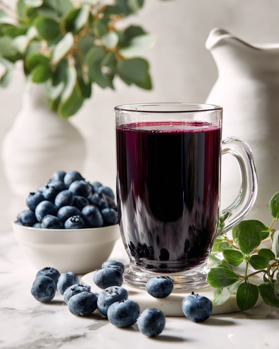 A tall, clear glass filled with a dark purple-blue juice, nearly full to the top, sits on a white marbled surface. Around the base of the glass are a few fresh, dark blueberries with a matte finish. To the right of the glass, bright green leaves with light veins add a fresh touch. In the blurred background, more greenery and a soft white object are visible, creating a light and calm setting. photo taken with an iphone --ar 4:5 --v 7