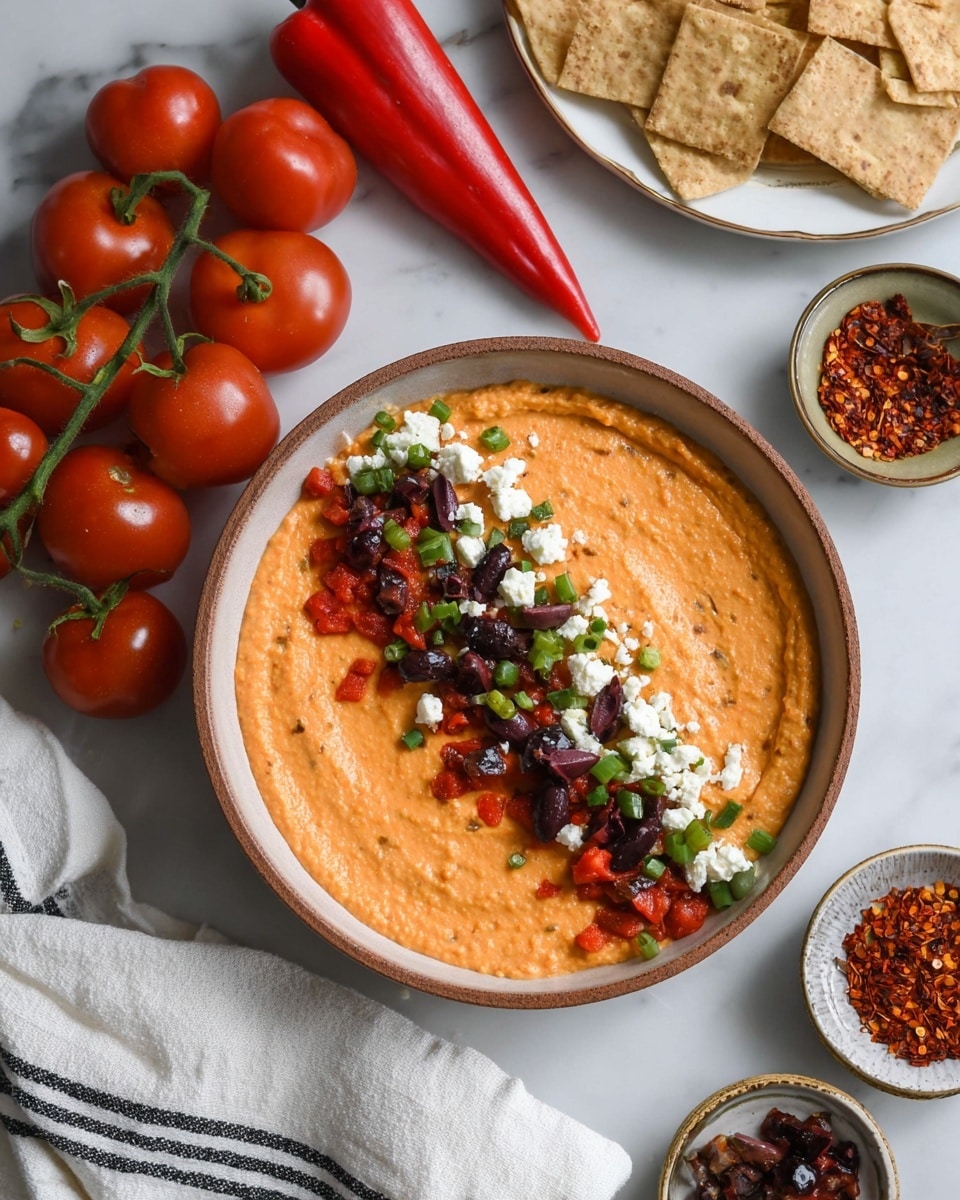 A large round ceramic bowl holds a creamy orange spread that fills almost the entire bowl, with a textured surface showing soft waves and swirls. On one side of the spread, there is a narrow topping strip made of finely chopped dark purple olives, bright red tomato pieces, fresh green chopped herbs, and small white crumbles, creating a colorful contrast. The bowl is placed on a white marbled surface surrounded by fresh red tomatoes and a beige cloth with brown stripes. Nearby, a white plate holds several triangular, lightly browned chips arranged in layers. Also visible on the white marbled surface are two small white bowls, one with red chili flakes and the other with chunks of dark dried tomatoes. photo taken with an iphone --ar 4:5 --v 7