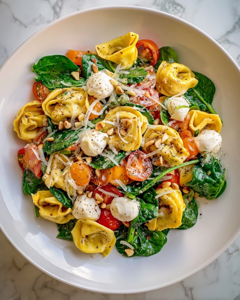 The dish is a colorful tortellini salad on a white plate placed on a white marbled surface. The base layer consists of yellow cheese tortellini with a soft, folded texture. Mixed throughout are dark green spinach leaves that add fresh color contrast. Small white mozzarella balls are scattered evenly, some plain and some speckled with black pepper. Bright red and orange cherry tomato halves add bursts of vivid color evenly spread in the dish. Thin strips of pale yellow grated parmesan are sprinkled over the top. There are also small, light brown pine nuts scattered for added texture. The whole dish is lightly coated with a glossy dressing that gives it a fresh look. Photo taken with an iphone --ar 4:5 --v 7