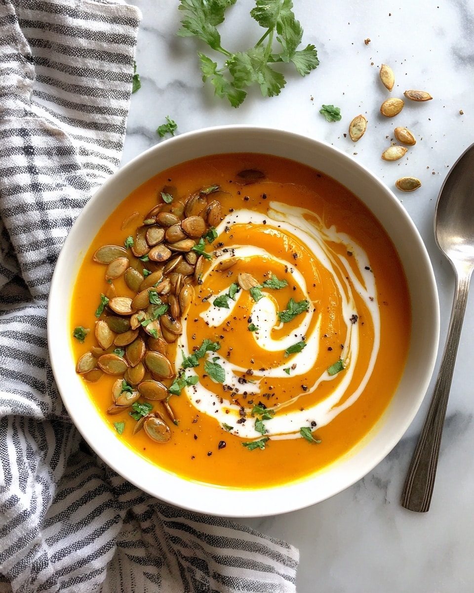 A white bowl filled with bright orange smooth soup. On top, a swirl of white cream is placed in a loose spiral shape. To one side, there is a pile of roasted pumpkin seeds with a golden brown color. Small green chopped herbs are scattered around the seeds and cream on the soup surface. Black pepper flakes are sprinkled lightly over the whole soup. The bowl is set on a white marbled surface, and nearby there is a silver spoon and a striped cloth napkin. Photo taken with an iphone --ar 4:5 --v 7