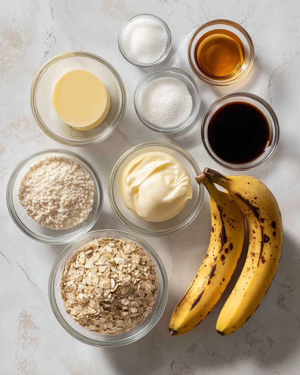 The image shows eight clear glass bowls arranged on a white marbled surface. In the center are two dark brown ripe bananas with spots on their peel, lying side by side. Surrounding the bananas are bowls containing different ingredients: rolled oats with a rough texture and beige color, a thick white creamy ingredient, a smooth light yellow butter portion, a small bowl with dark brown liquid, a small bowl with sugar, a small bowl with a clear liquid, and a white powdery ingredient. The bowls are placed neatly, and the scene is well-lit with soft natural light. photo taken with an iphone --ar 4:5 --v 7