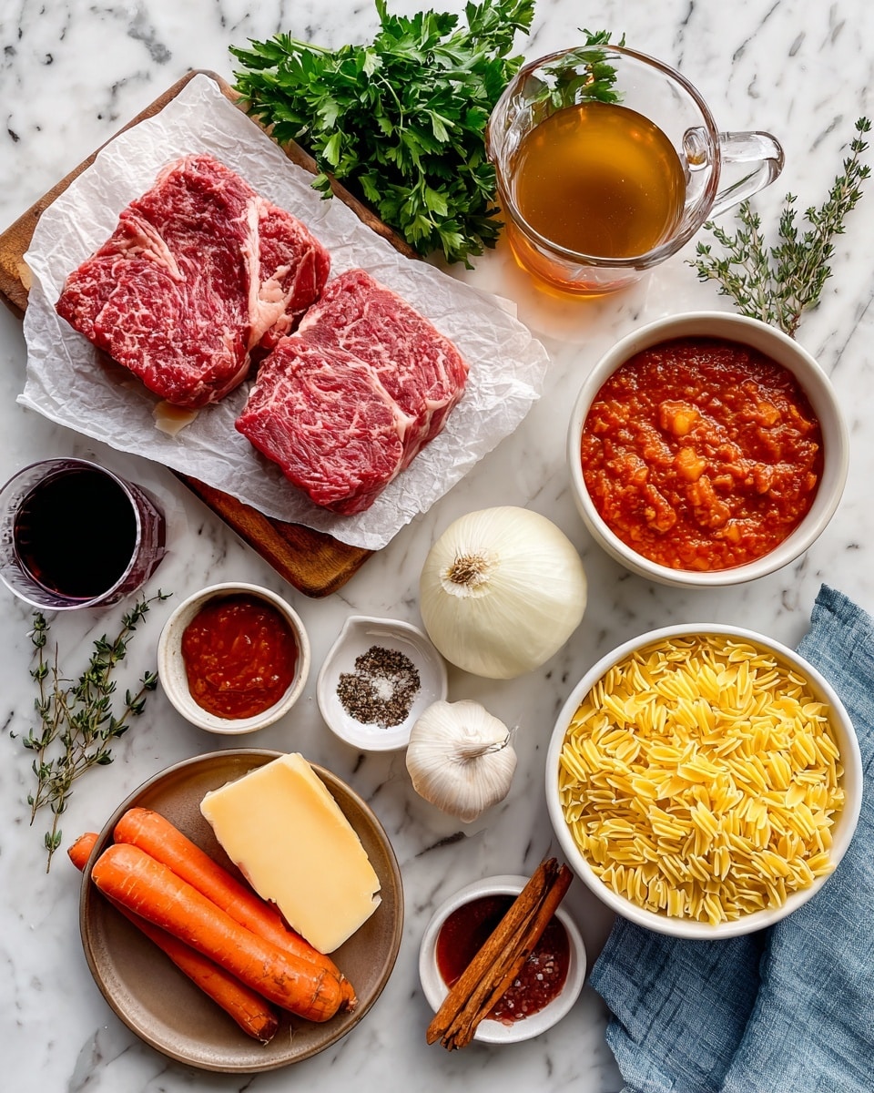 The image shows a top-down view of organized ingredients on a white marbled surface, including a white bowl filled with yellow tortellini placed near the center, a transparent container of fresh green baby spinach to the left, a white bowl of mixed red and yellow cherry tomatoes on the bottom right, a white container of shredded Parmesan cheese at the top right, a white container of ciliegine cheese next to it, a small white bowl with dark balsamic vinegar nearby, a clear glass container of yellow olive oil, a small shallot, a bottle of Italian seasoning, a bag of pine nuts, fresh bright green basil leaves, and two small wooden bowls containing salt and black pepper. The scene is brightly lit, with each ingredient clearly visible and spaced out evenly. Photo taken with an iphone --ar 4:5 --v 7