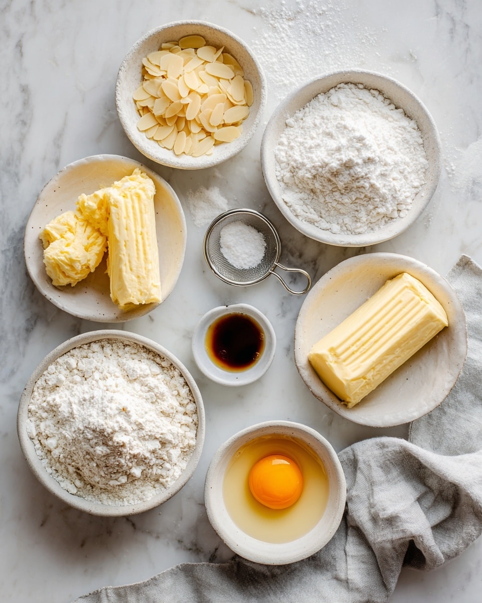A white marbled surface holds various baking ingredients neatly arranged. In the center, a large clear glass bowl contains white flour, slightly mounded with a soft texture. To the right, a white bowl with two raw eggs shows bright orange yolks resting in clear egg whites. Above it, a clear measuring cup filled with dark brown liquid sits, alongside a small white cup filled with milk. Near the bottom right, several small bowls hold white sugar, baking powder, and three different spices in brown and reddish tones, each in small ceramic bowls with patterns of lines or speckles. A clear glass measuring cup filled with a light yellow liquid is near a striped blue and white cloth placed on the top right. The setup looks fresh and clean, ready to start baking. photo taken with an iphone --ar 4:5 --v 7