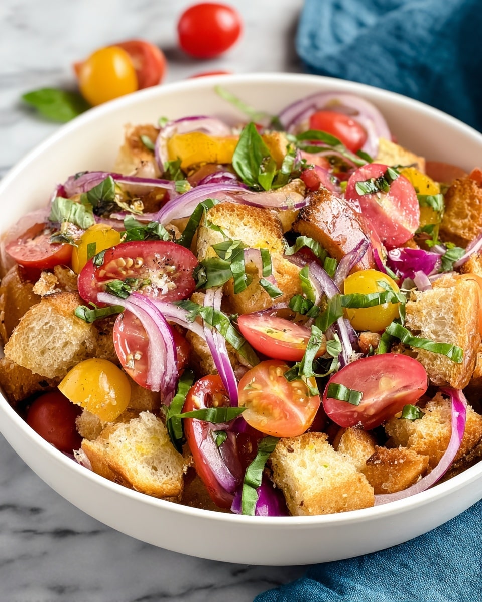 A white bowl filled with a colorful salad showing about four layers: large torn pieces of toasted bread at the bottom with a golden brown color and crunchy texture, next layer is halved cherry tomatoes in red, yellow, and purple shades scattered all over; thin strips of red onion placed evenly, giving a purple accent; topped with roughly chopped fresh green basil leaves sprinkled throughout, creating a fresh and vibrant mix. The bowl rests on a white marbled surface with a soft focus on a blue cloth in the corner and a few cherry tomatoes nearby. photo taken with an iphone --ar 4:5 --v 7