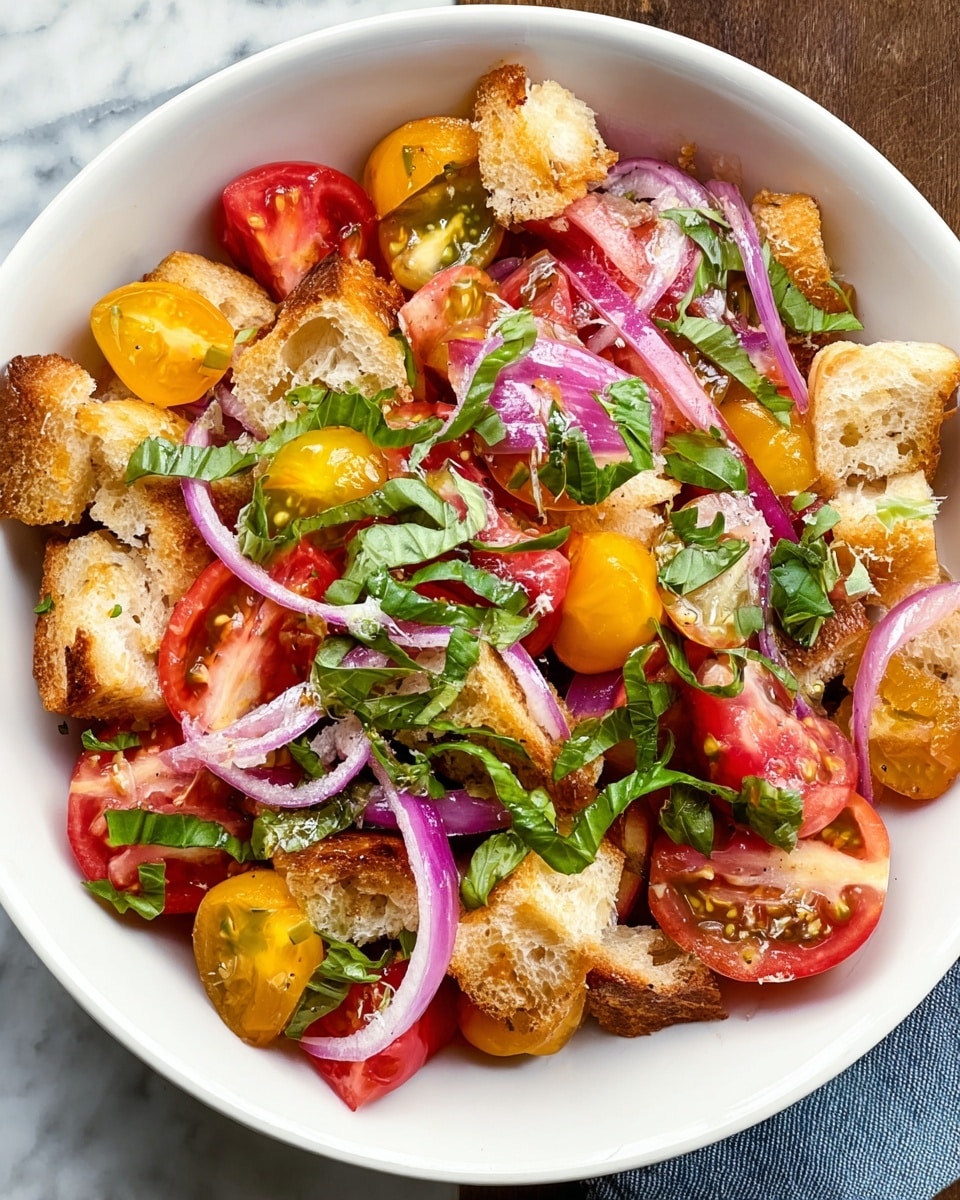 A white bowl filled with a colorful salad shows many layers: the base has chunky pieces of light golden toasted bread with a crunchy texture, mixed with different shaped tomato slices in red, yellow, and some darker purple tones. Thin slices of purple onion are spread evenly throughout the salad, adding thin, curved strands on top. Bright green basil leaves are scattered, some chopped finely, covering parts of the tomatoes and onions. The bowl sits on a white marbled surface, adding a clean and fresh look to the image. photo taken with an iphone --ar 4:5 --v 7