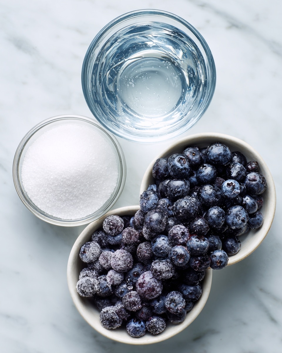 A top view of three small white bowls on a white marbled surface, each holding a different ingredient: one bowl filled with clear water showing the glass's round pattern, one bowl filled with white granulated sugar looking smooth and even on top, and one bowl filled with frozen dark purple blueberries with a frosty texture. The bowls are spaced apart with the water bowl at top left, the sugar bowl at top right, and the blueberry bowl at bottom left. photo taken with an iphone --ar 4:5 --v 7