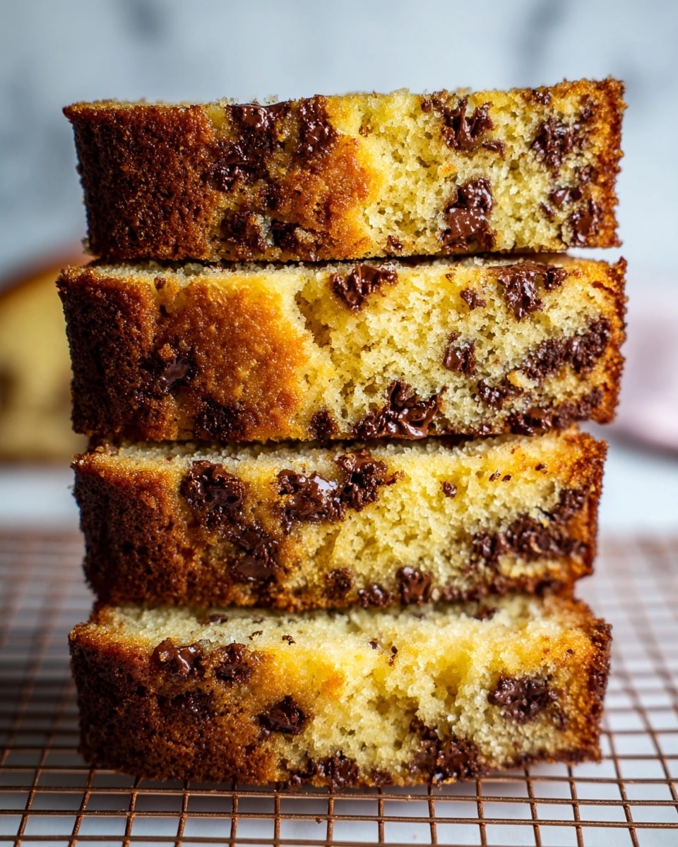 A single slice of moist brown bread with visible dark chocolate chips spread inside, showing a soft and slightly crumbly texture with tiny air holes throughout. The slice has a slightly rough top edge with a darker brown crust, and it lies flat on a white marbled surface. Around the bread slice, a few rolled oats and three dark brown chocolate chips are scattered casually. Photo taken with an iphone --ar 4:5 --v 7