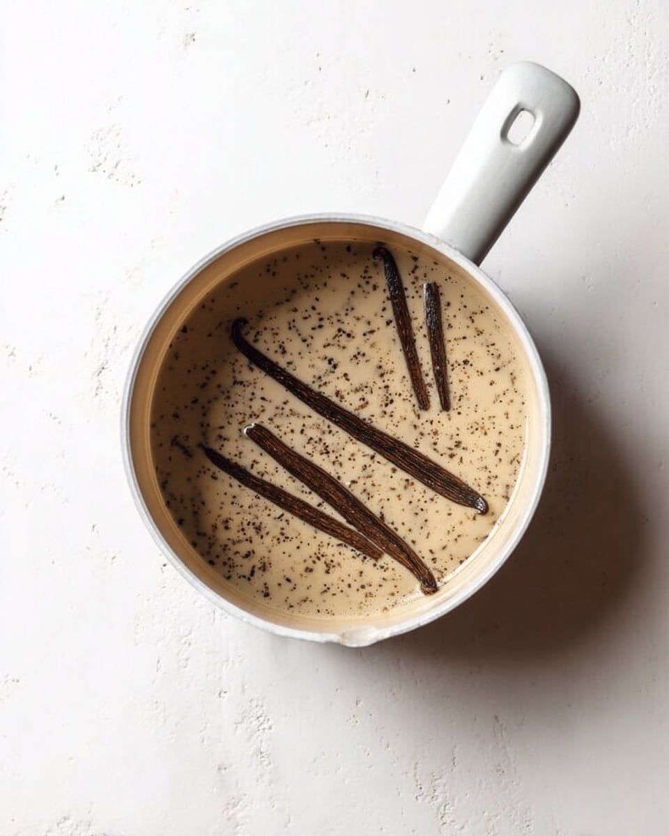 A white saucepan filled with a light beige creamy liquid with visible black vanilla bean seeds and several dark brown vanilla bean pods floating on the surface, all placed on a white marbled texture background, photo taken with an iphone --ar 4:5 --v 7