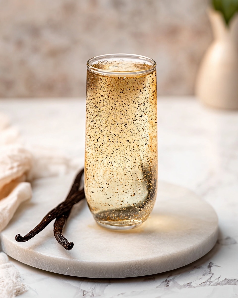 A tall clear glass filled with a light golden liquid that has many tiny black specks evenly spread inside it, sitting on a round white marble board. Two long dark brown vanilla pods are placed beside the marble board on a white marbled surface. The background is blurred with light colors and a soft texture. photo taken with an iphone --ar 4:5 --v 7