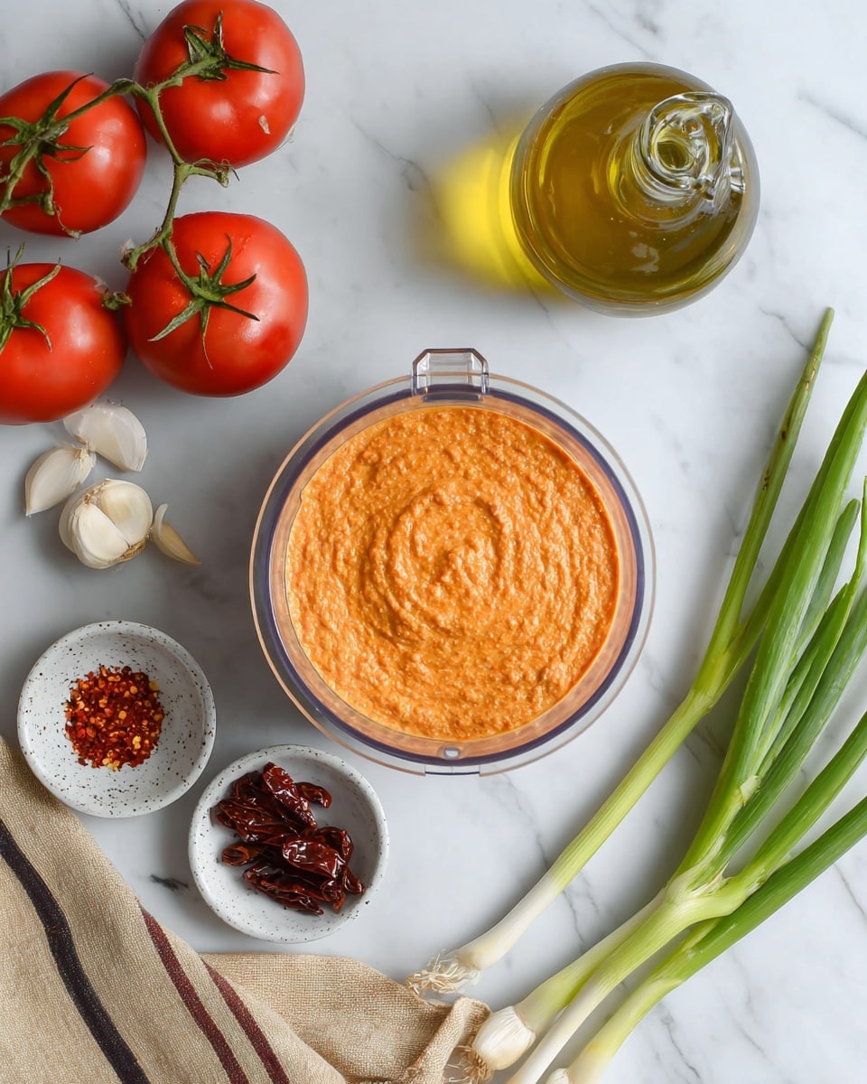 A clear food processor bowl filled with a smooth, thick orange dip with a slightly textured surface is centered on a white marbled background. To the left, three bright red tomatoes with green stems lay together next to two garlic cloves and a small white speckled dish of dark red sun-dried tomatoes. Below them is a single bright red chili pepper and another white speckled dish holding red chili flakes. On the right side, a transparent glass bottle filled with yellow olive oil is placed near fresh green spring onions with white roots. A beige cloth with two dark brown stripes runs diagonally across the top right corner. photo taken with an iphone --ar 4:5 --v 7