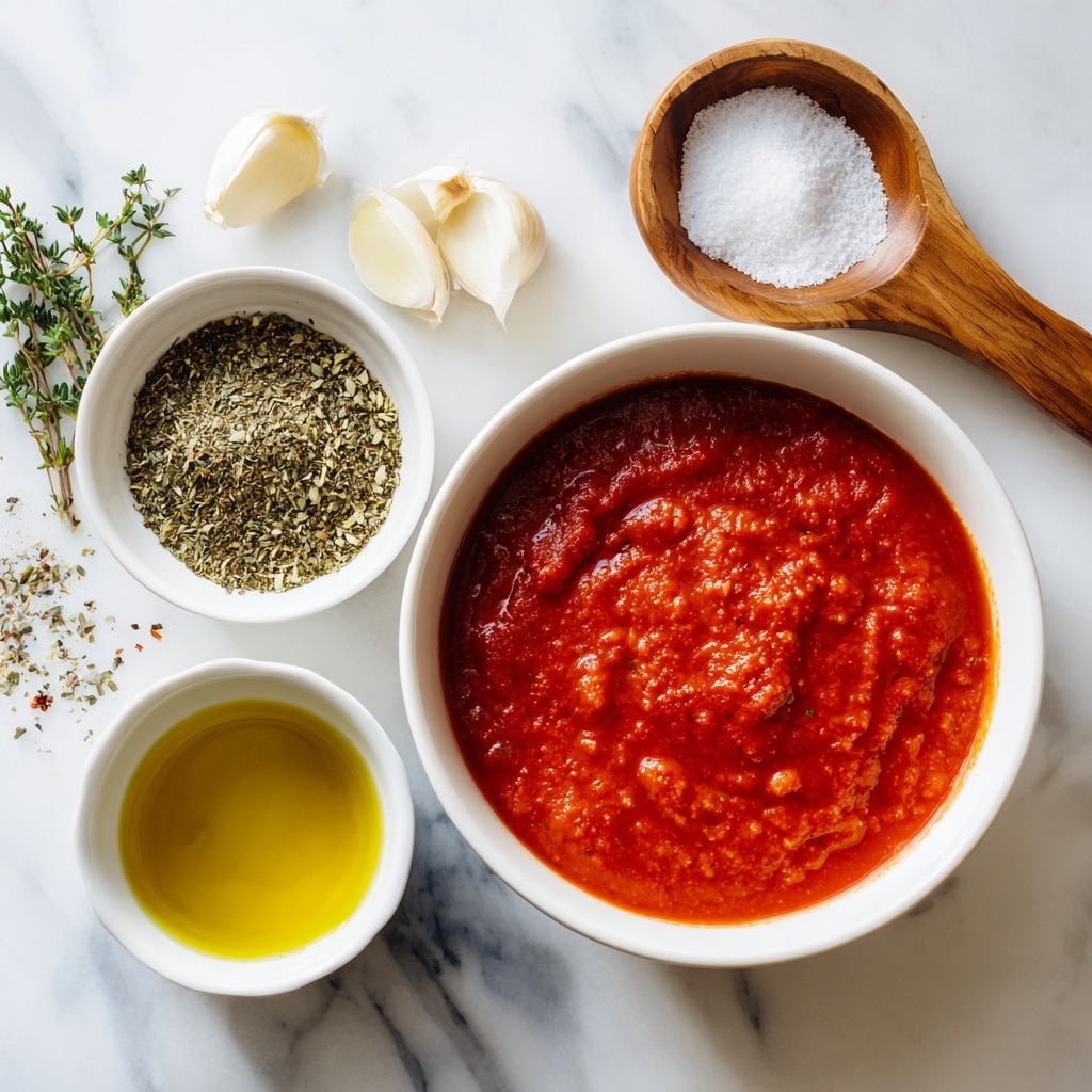 A white bowl filled with thick, red tomato sauce showing a slightly chunky texture sits on a white marbled surface. Next to it is a small white bowl containing two piles of dried green herbs, labeled basil and oregano. Nearby, three peeled garlic cloves lie scattered beside a small wooden bowl with coarse white salt. A small white bowl holding clear, golden olive oil completes the arrangement. The scene is bright with natural light and has a clean, fresh look. photo taken with an iphone --ar 4:5 --v 7