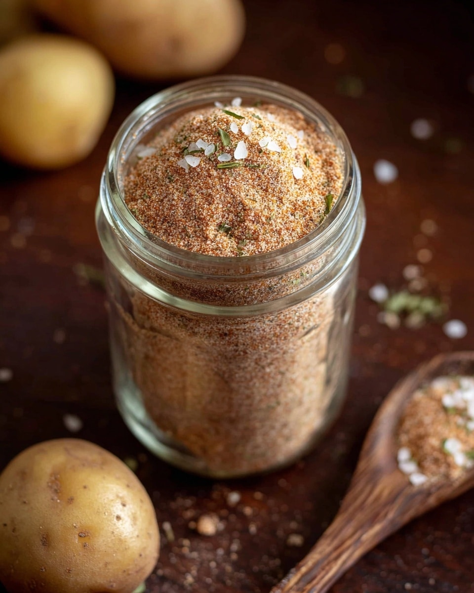 The image shows a clear glass jar filled with a finely ground spice mix that has a light reddish-brown color with small bits of green herbs and white salt crystals scattered on top. The jar is placed on a dark wooden surface next to small round light brown potatoes. A wooden spoon with more of the spice mix rests nearby, showing a close-up of the mixture's texture. The background is blurred with warm brown tones, focusing attention mainly on the jar's contents. photo taken with an iphone --ar 4:5 --v 7