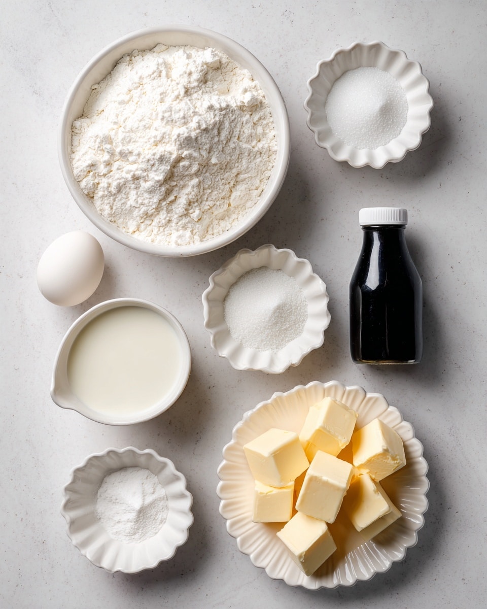 The image shows seven ingredients arranged on a white marbled surface. At the top left, there is a large white bowl filled with white all-purpose flour that has a soft, powdery texture. To its right, a small white scalloped dish holds fine granulated sugar, looking smooth and bright white. Below the flour bowl, a small white scalloped dish contains buttermilk, a creamy white liquid with a slightly glossy surface. To the right of the buttermilk, a black bottle of vanilla extract stands vertically with a white cap, its smooth and shiny surface contrasting with the other items. To the right of the bottle, a small white round bowl holds a white powder mix of salt and baking powder with a slightly grainy texture. At the bottom left, a single white egg with a smooth shell rests on the surface. Finally, at the bottom right, a white scalloped plate holds many small, evenly cut cubes of pale yellow butter, each with smooth, defined edges. The overall color scheme is white and light colors with a neat, clean arrangement. photo taken with an iphone --ar 4:5 --v 7