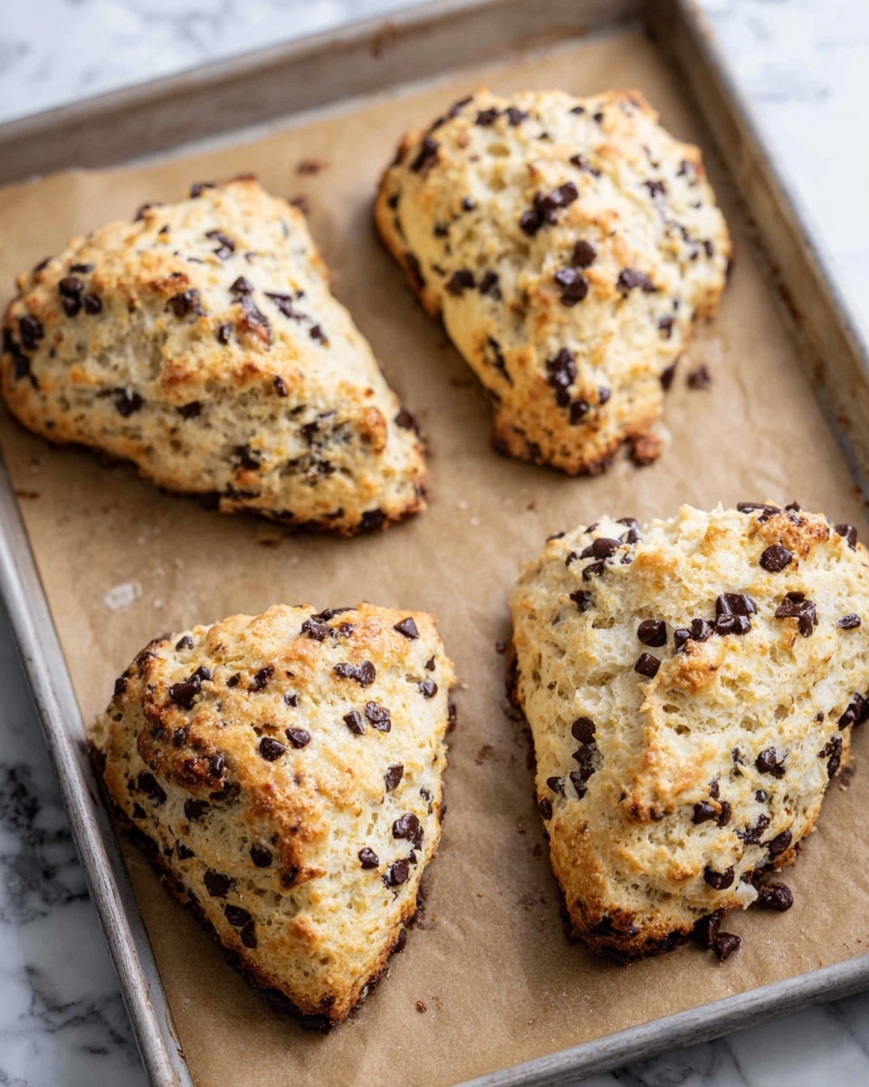 The image shows four irregularly shaped scones placed on a baking tray covered with brown parchment paper. Each scone has a golden-brown top with a rough and crumbly texture and is sprinkled with many small dark chocolate chips scattered throughout the dough. The edges of the scones are slightly browned and crisp, while the inside looks soft and fluffy with visible air pockets. The tray is set against a white marbled surface in the background. Photo taken with an iphone --ar 4:5 --v 7