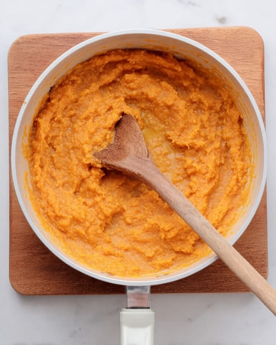 The image shows a white saucepan filled with a thick, orange mashed mixture, which looks smooth with some small lumps. A wooden spoon rests inside the pan, partially covered by the orange mash as if stirring it. The saucepan sits on a wooden board placed on a white marbled surface. The color of the mash is warm and rich, taking up almost all the space inside the pan. Photo taken with an iphone --ar 4:5 --v 7
