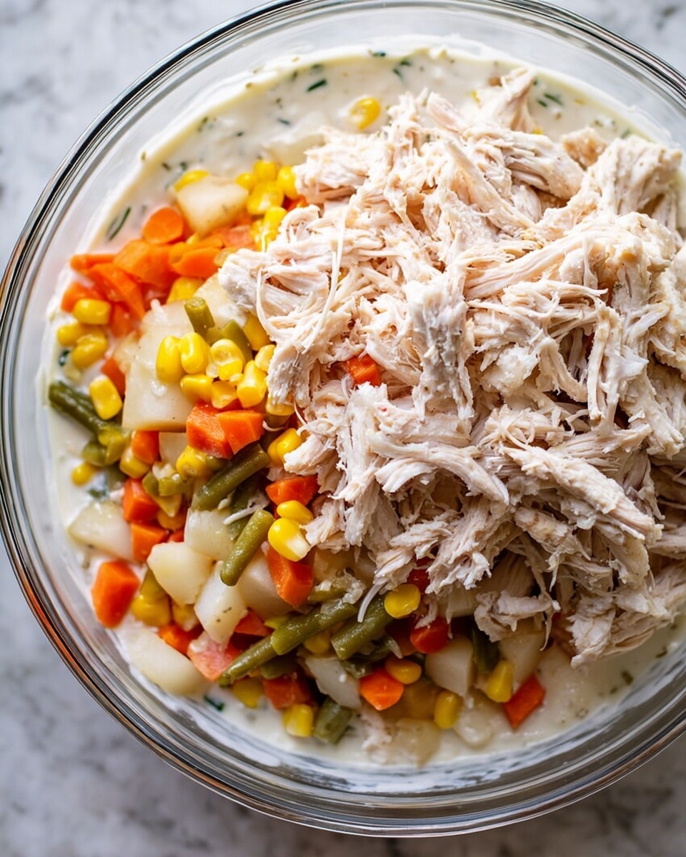 A clear glass bowl sits on a white marbled surface, filled with three distinct layers of food. The bottom layer is a smooth white sauce with light green flecks. On top of this is a colorful mix of diced vegetables including orange carrots, yellow corn, green beans, and white potatoes, each with a slightly glossy texture. The top layer is a large heap of light beige shredded cooked chicken with a soft, fibrous texture, covering most of the vegetables underneath. The image is closely focused on the bowl's contents. photo taken with an iphone --ar 4:5 --v 7