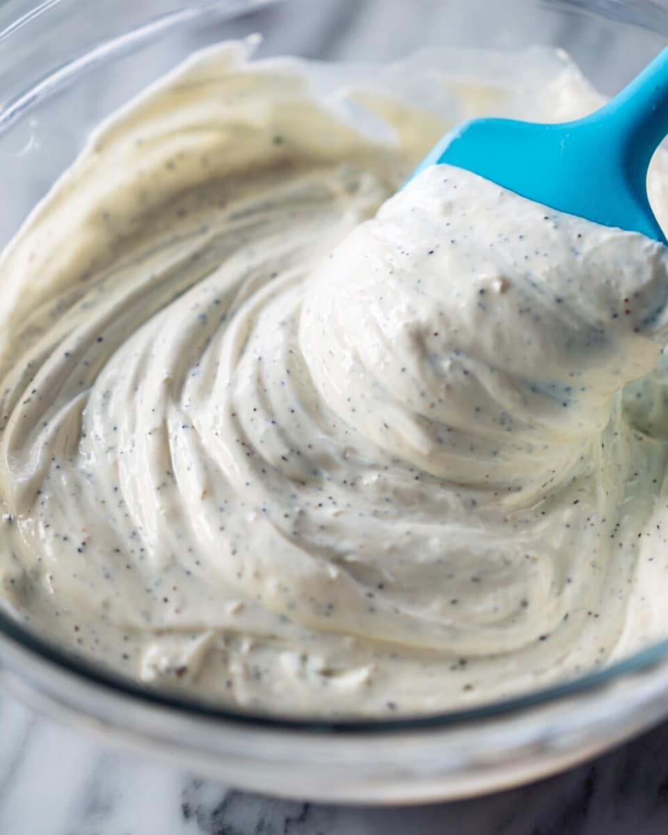 A close-up view of a creamy white sauce with small black specks mixed throughout, held in a clear glass bowl. A blue spatula is partially submerged in the sauce, showing the smooth and thick texture being lifted and swirled. The sauce has soft peaks and waves, suggesting it is fluffy yet dense. The background is a white marbled surface. photo taken with an iphone --ar 4:5 --v 7