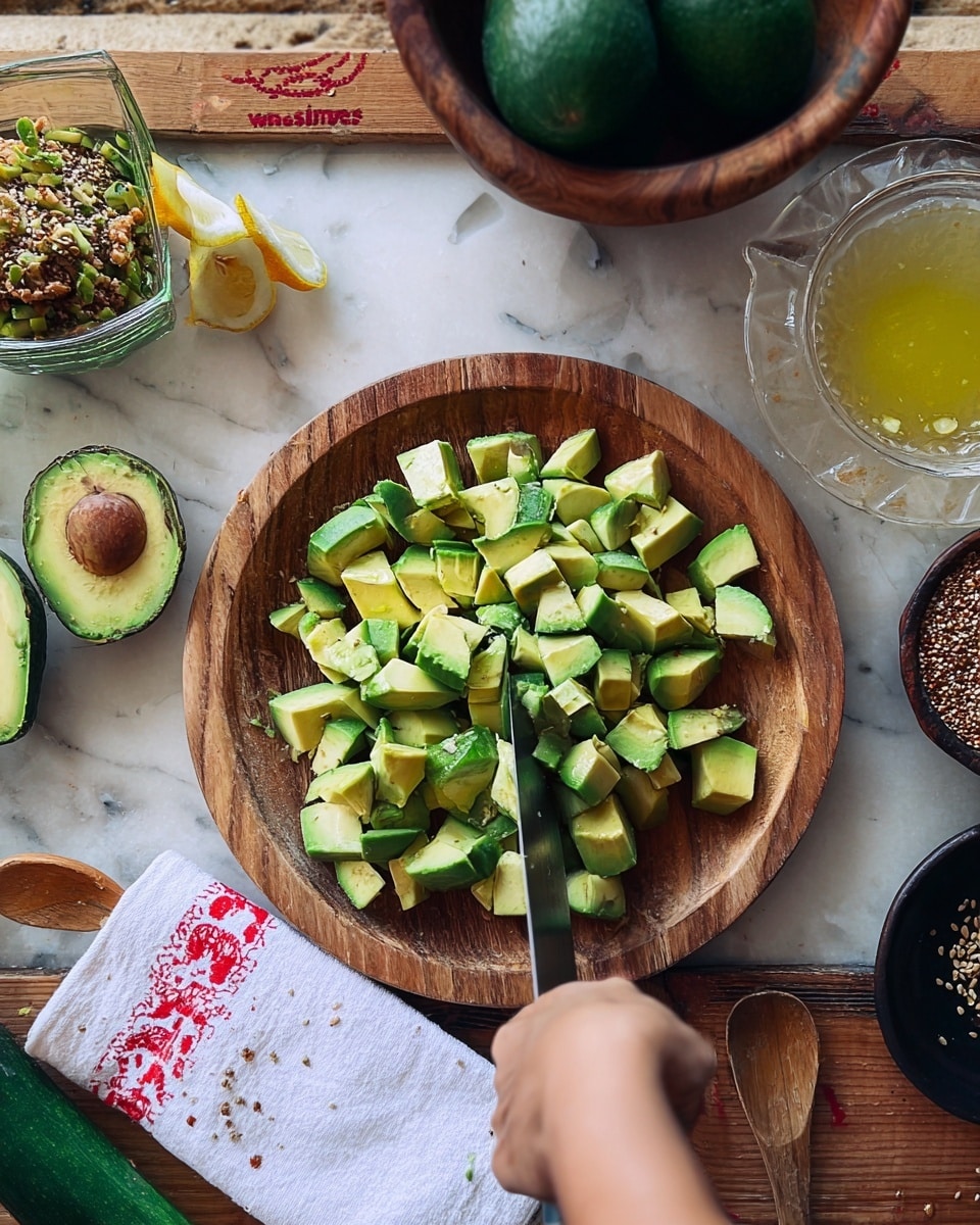 A close-up shot of a wooden board resting on a white marbled surface, filled with chopped avocado pieces in various shades of green, arranged loosely in the center. A woman's hand holding a knife is seen on the left side, about to slice more avocado. Around the board, there is a wooden bowl containing whole avocados at the upper right, a glass dish with a green and brown mixture on the top side, a small clear bowl with a light yellow liquid beside a wooden spoon on a white cloth with red stitching, and a small black bowl with brown seeds or grains at the bottom right. A fresh cucumber is partially visible on the left edge. Photo taken with an iphone --ar 4:5 --v 7