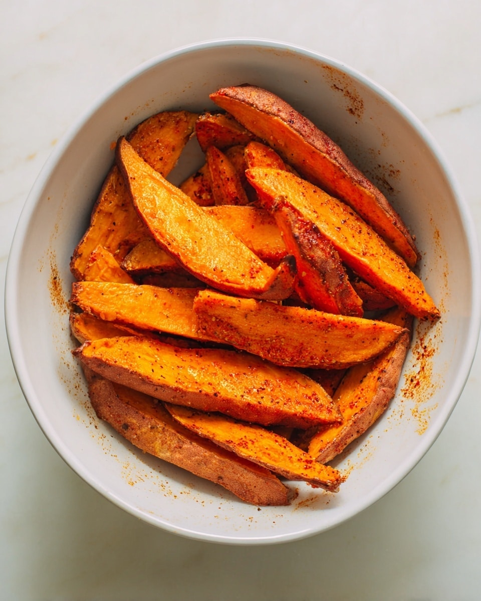 A white bowl is filled with bright orange sweet potato wedges that have a slightly rough texture and some darker spots from seasoning. The wedges are layered unevenly, with some pointing diagonally up and others lying flat, showing the rich, warm orange color contrasted by the darker edges of the potato skin. The inside of the bowl shows some spice residue, adding a sense of seasoning and flavor. The bowl sits on a white marbled surface, adding a clean and minimal background. photo taken with an iphone --ar 4:5 --v 7