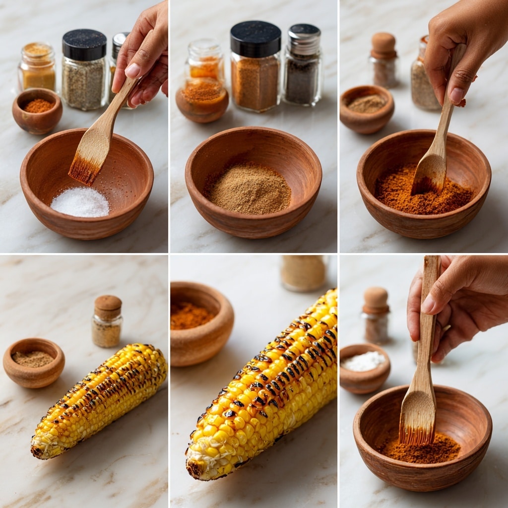 The image shows a step-by-step sequence of making a spice mix and applying it to grilled corn on the cob. The first six frames display a woman's hand holding different spice containers—seasoned salt, black pepper grinder, ground cumin, and hot sauce—adding ingredients into a small brown clay bowl. A wooden spoon scoops a reddish-brown powder mix from the bowl, and a woman’s hand stirs the mixture inside. The last three frames show a grilled corn cob with golden-yellow kernels and black char marks, first being brushed with a sauce or oil from a brush, then having the spicy powder rubbed onto its surface by a woman’s hand. Various spice bottles are arranged in the background on a white marbled surface, and the entire set has a warm and rustic feel. photo taken with an iphone --ar 4:5 --v 7