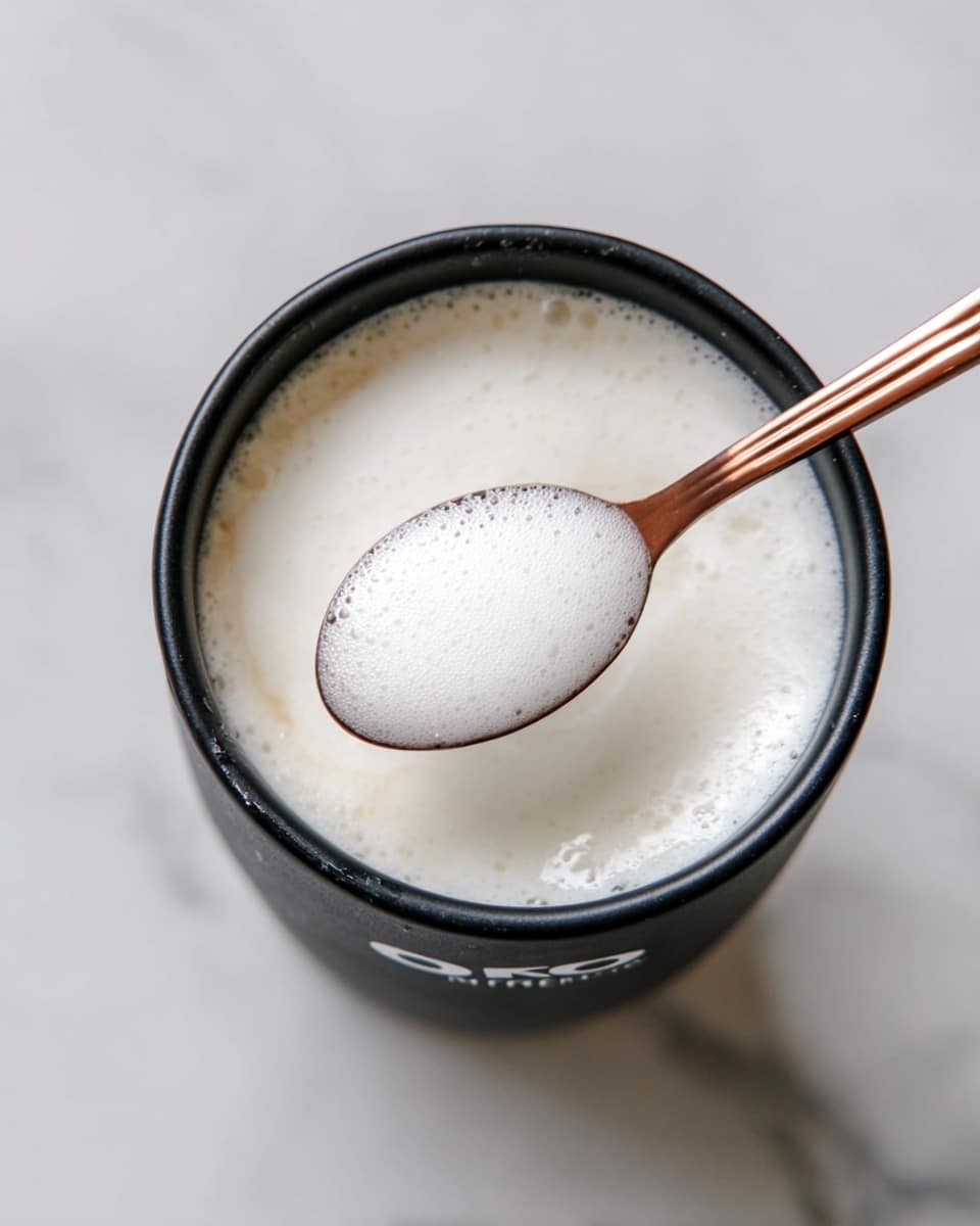 A close-up view of a black Oreo-branded cup filled with creamy white foam, shown from above on a white marbled surface. A copper spoon inside the cup holds a small amount of dense, smooth white foam with tiny bubbles. The cup and spoon contrast with the clean, light background, highlighting the soft texture of the foam. photo taken with an iphone --ar 4:5 --v 7
