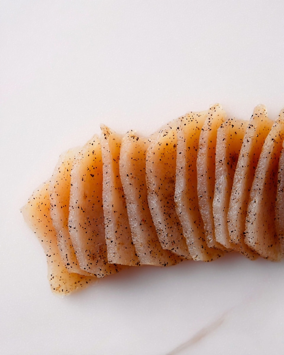 The image shows a row of thin, translucent slices of food with a light peach color and small black specks evenly spread throughout each piece. The slices are neatly arranged side by side in a slightly curved line on a clean white marbled surface. The texture looks smooth and tender, almost shiny, with a soft appearance. photo taken with an iphone --ar 4:5 --v 7