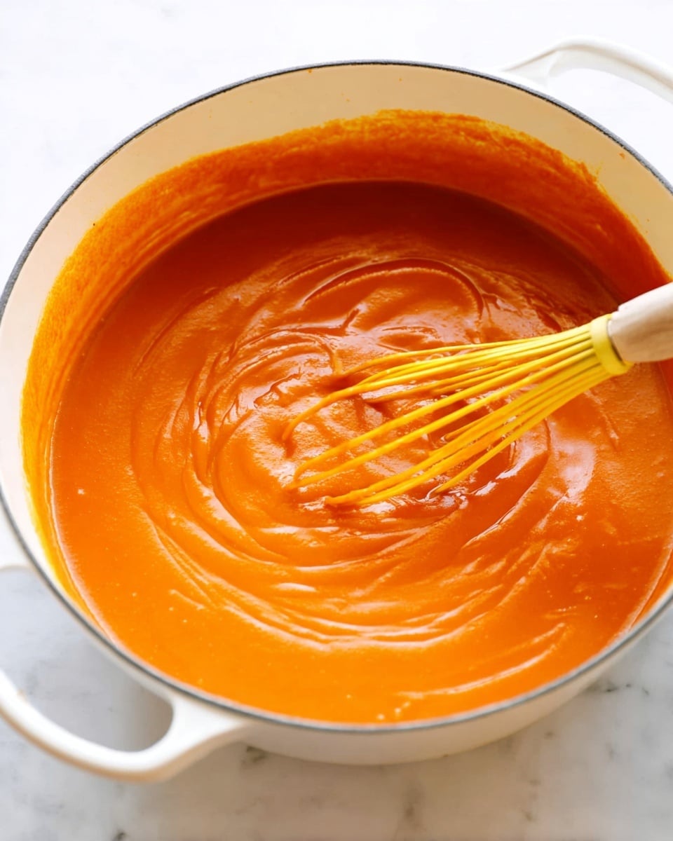 A large white pot filled with thick, smooth orange sauce that evenly covers the inside sides of the pot. The sauce has a creamy texture with gentle swirls on the surface where a whisk with a yellow handle is partially stirring it. The pot sits on a white marbled surface, giving a clean and bright background with no other objects visible. Photo taken with an iphone --ar 4:5 --v 7